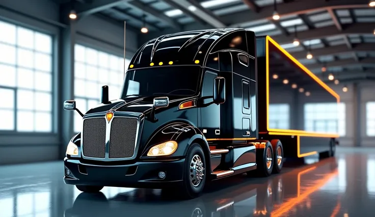 Create a hyper-realistic front-side view image of a luxury semi-truck with a modern, aerodynamic design. The truck should feature a polished black exterior with chrome accents on the grille, bumper, and side mirrors, reflecting its surroundings. The large,...