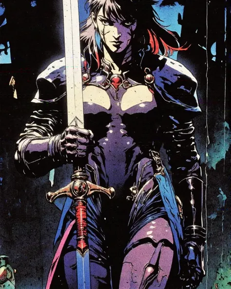 Art style by H. R. Giger, Art Style by Moebius, 


score_9,score_8_up,score_7_up,morimee_style, 16k,woman, skimpy Armor, huge breast, skindentation, naughty face, standing with sword, dramatic light, dark forest background, dof, ray tracing, sword foregrou...