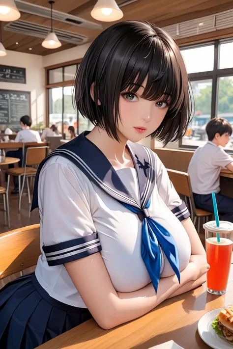 illustration, Japanese woman, black hair, short cut hair, straight hair, white school sailor uniform, short sleeve school sailor uniform, thick school sailor uniform, deep blue ribbon tie, covered huge breasts, cafe, summer evening