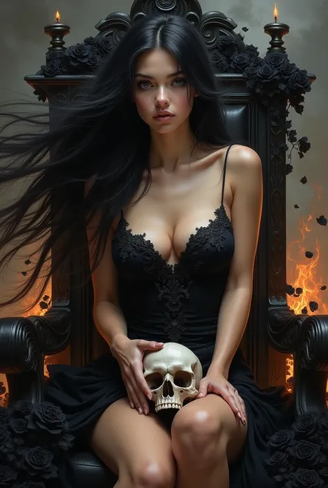  a beautiful woman , de grey eyes,  long black hair,  that around her there are black roses and flames of fire, con  Black background,  black dress and a thin black necklace , It looks intimidating ,  that is beautiful ,  looking like a Goddess , grey eyes...