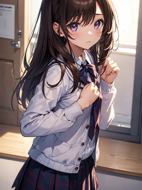 1girl,  small breasts,high school uniform
face close-up,raise your hand,I can see the side,Hi-Res、masterwork、Chizuru Ichinose、Brown hair、i&#39;m、Female one、outside of house、Detailed background、A detailed eye、（（brown-eyed））,Beautiful and perfect legs, Clean...