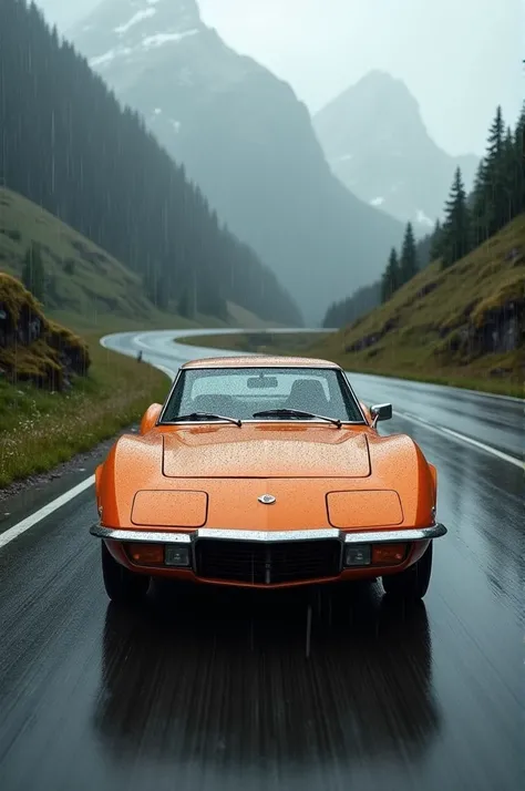 Opel gt 1972 orange ,  raindrops on dark glass,  road between mountains 