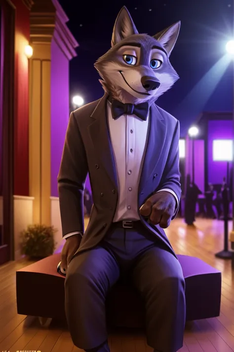 Larry (Zootopia), wolf, Gray Fur, (brown body:1.3), beautiful blue eyes, Zootopia, dressed,burgundy white blazer,black shirt,white trousers,white bow tie, canine,wolf, Detailed fur, male, antro, paw pads, finger claws, Plays,at viewer, 5 fingers, paws, 4 t...