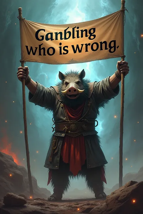 make a boar-headed man hold a Banner "ONLINE GAMBLING WHO IS WRONG "