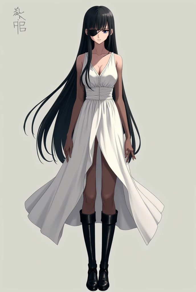  Tall mature woman , long hair to the ankles straight with bangs ,  black eyes, a black patch on the left eye,  white dress with sleeves up to the middle of the thighs , brown stockings,  shiny black leather boots by knee enzyme,  anime style One piece ,  ...