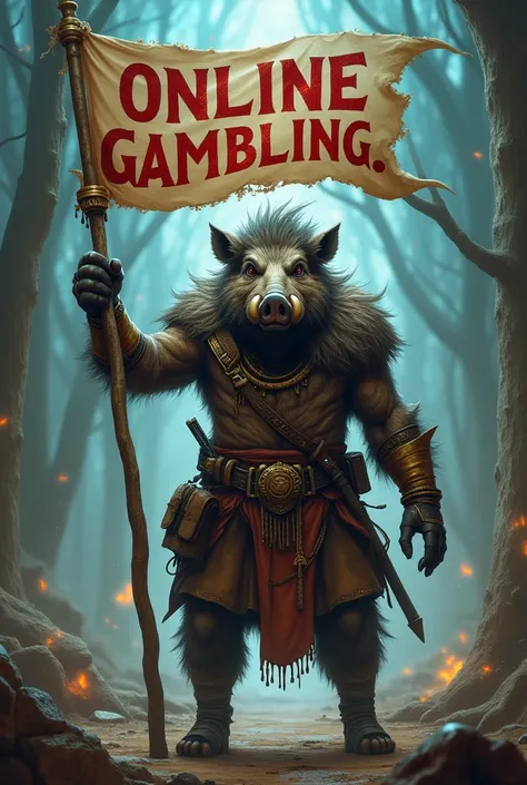 make a boar-headed man hold a Banner "ONLINE GAMBLING WHO IS WRONG "