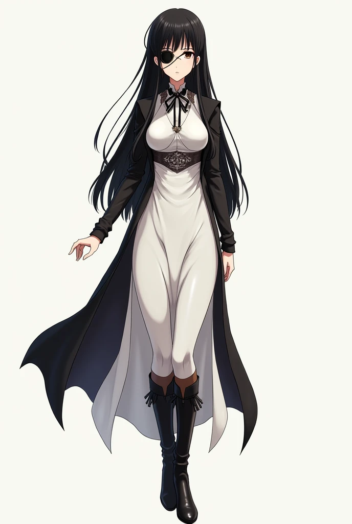  Tall mature woman , long hair to the ankles straight with bangs ,  black eyes, a black patch on the left eye,  white dress with sleeves up to the middle of the thighs , brown stockings,  shiny black leather boots by knee enzyme,  anime style One piece ,  ...