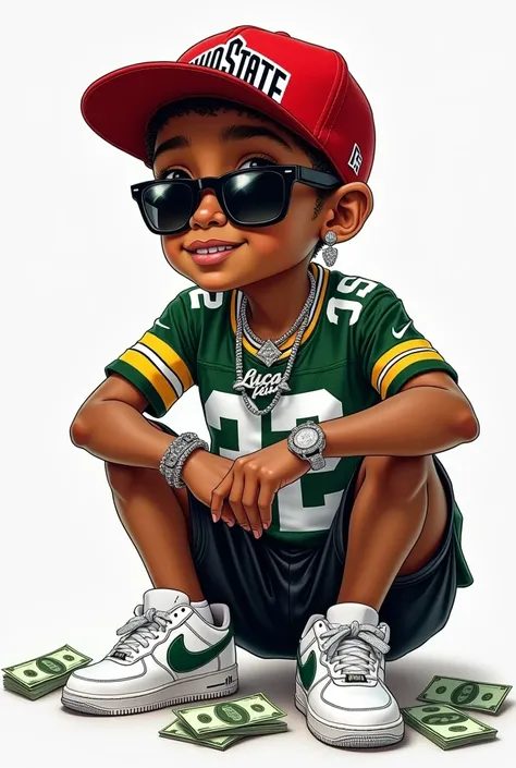 Boy with Ohio State cap
Dark glasses 
Diamond earring 
Green Bay Packers jersey and black shorts
Ice diamond chain written by Lucas Felix
Holding money 
sitting 
With white Air Force sneakers
In drawing 