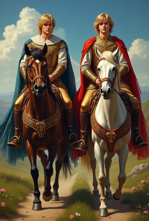 help me make a picture of two male princes with blonde hair with blue eyes, wearing royal clothes and riding horses