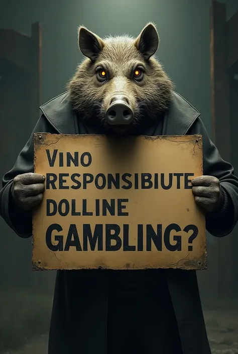 make a boar-headed man hold a Banner "ONLINE GAMBLING 
 WHO IS AT FAULT"