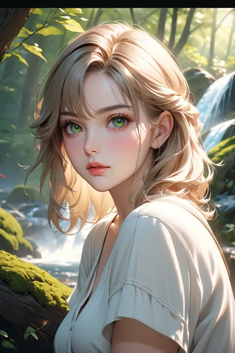   The background is a mysterious green tree 々Its in front of a beautiful forest waterfall 、 beautiful young woman ,  ultra-realistic portrait ,  gentle face ,  serious expression,  natural light,  Мягкая кожа, Captivating Eyes,  how to make lips plump in t...