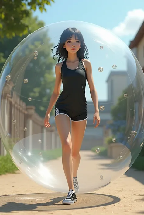 A 16-year-old girl weighing 70 kg, wearing black sleeveless shirt covering the chest and entire abdomen, and black shorts stuck inside a zorb ball