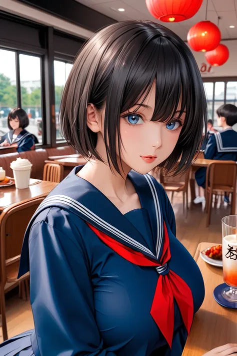 illustration, Japanese woman, black hair, short cut hair, straight hair, (navy blue school sailor uniform:1.5), long sleeve school sailor uniform, (thick school sailor uniform:1.5), red ribbon tie, covered huge breasts, cafe, evening