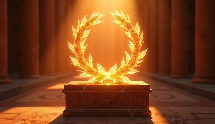 roman mythology, a glowing laurel wreath resting on a marble pedestal, dramatic sunlight casting strong shadows, faint traces of ancient roman carvings on the pedestal, crimson and golden tones, mystical and regal atmosphere