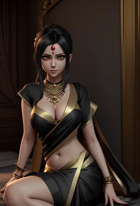 3d rendering style; 3d anime style; 3D Game style; Dark fantasy art A woman with a charming face Wears a low cut saree , cleavage seen , tiny breast, the saree is black with gold foils , sitting on the edge of the bed , shy expression , she is waiting for ...