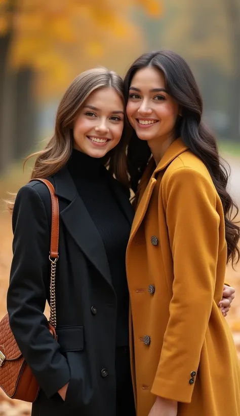  、 2 super Rich Caucasoid Fashion Models, 18 Year Old Women。Both have big breasts。smile。One has black hair、The other one is blonde 。 Expensive Accessories and Expensive Autumn Outfits at Autumn park。Posing like a super model shooting test model, Cinematogr...