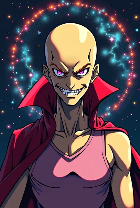 Soft Yellow Color Skin, A Man, Slim Build, Wearing, Soft Pink Tank Shirt, Wearing Red Dark Long Cape, Bald, Galaxy Texture on his All-Around Head, Purple Eyes, Evil Smiling, Eye Brows Yellow , Anime Villain