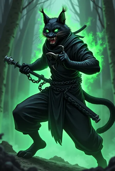 Anime: Evil, sarcastic lynx with black ninja garb, wields chained-sticks , and has green aura