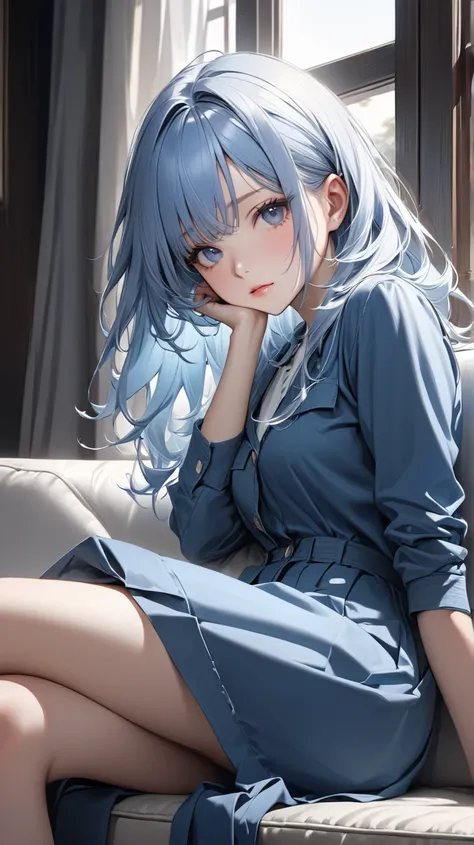 Ultra-realism girl sitting on sofa 青髪/ light blue hair, 