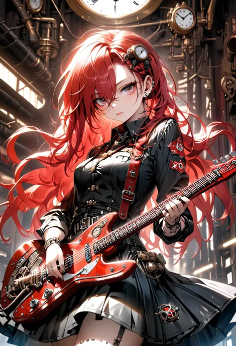 cool woman, playing star-shaped electric guitar, shining glossy silky messy red hair, vivid and seductive expression, wearing military uniform with long pleated skirt, mix of clock punk, steampunk and dieselpunk, covered in tattoos, background iridescent c...