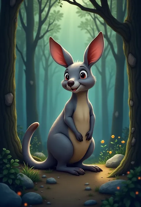 There is a  in the nursery bag of a cartoon giant gray kangaroo in the dark forest