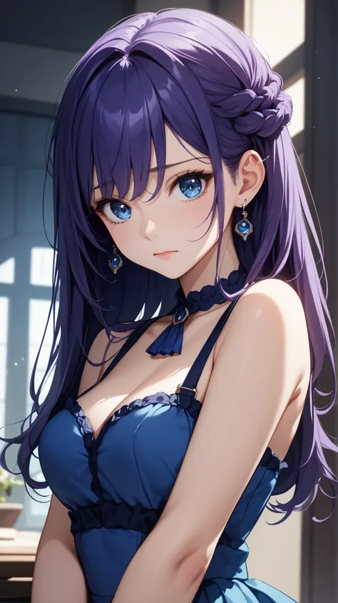   Masterpiece ,( top quality:1.4)，,( face details:Pretty face).(Body shape details :three heads) ultra-realistic 8k CG, anime style 、(Purple Hair、Odeco comes out :1.3、Parted bangs, medium hair )、 tight blouse ,  tight skirt that sits at the crotch ,( very ...