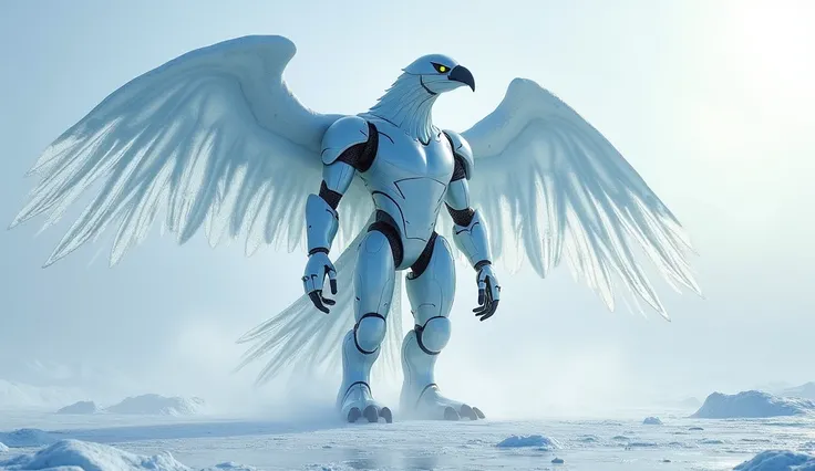 A giant humanoid character inspired by a ptarmigan, with wings and feathers made entirely of ice. This character blends the elegance of human physical beauty with the precision and strength of mechanical design. Its torso and arms are smooth yet powerful, ...