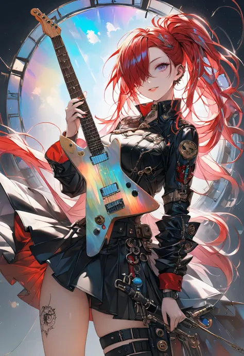 cool woman, playing star-shaped electric guitar, shining glossy silky messy red hair, hair over one eye, vivid and seductive expression, wearing military uniform with long pleated skirt, mix of clock punk, steampunk and dieselpunk, covered in tattoos, back...