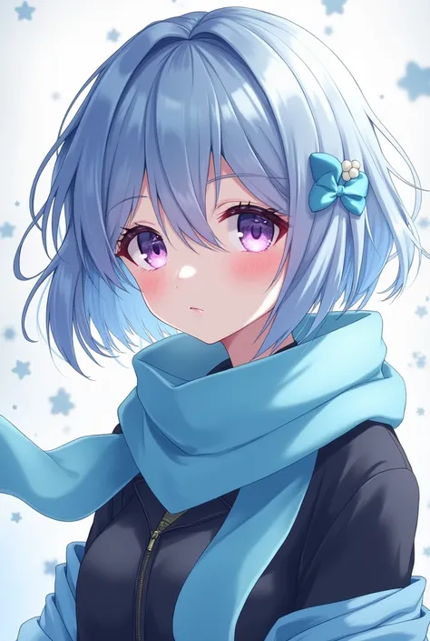 anime girl, short light blue hair with black locks, purple and pink eyes .   white skin , sky blue scarf,  and light blue and black jacket .