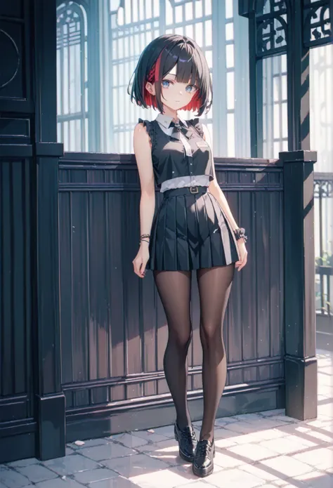 1girl,black hair,multicolored hair, red hair,bob cut,blue eyes,black tops,sleeveless,pleated skirt,mini skirt,pantyhose,black shoes,Terraced white limestone terraces,Intricate and detailed landscapes
