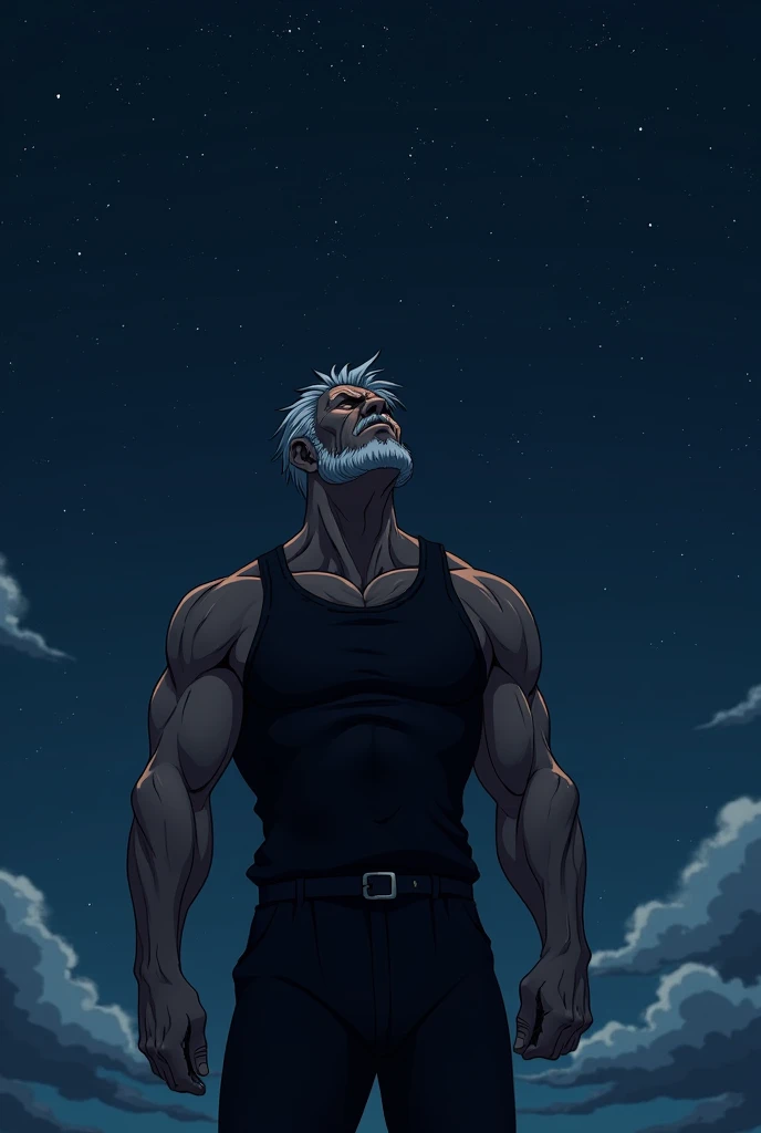 A 60-year-old old man with muscles wearing black clothes looks at the sky at night in the anime style