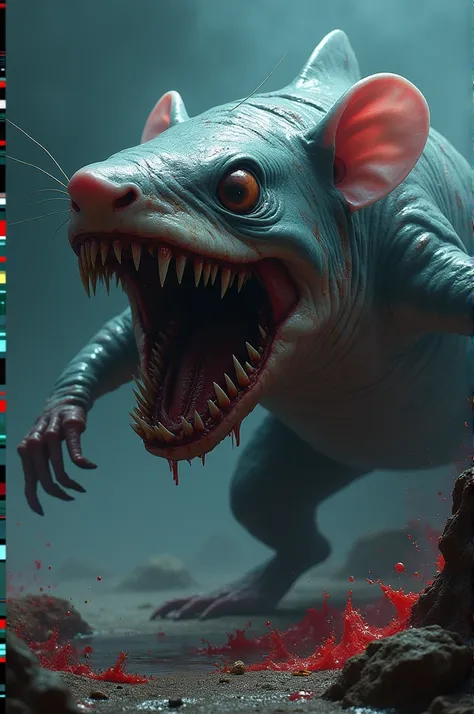 Hybrid of mouse and shark big scarry angry bloody spacies formed 