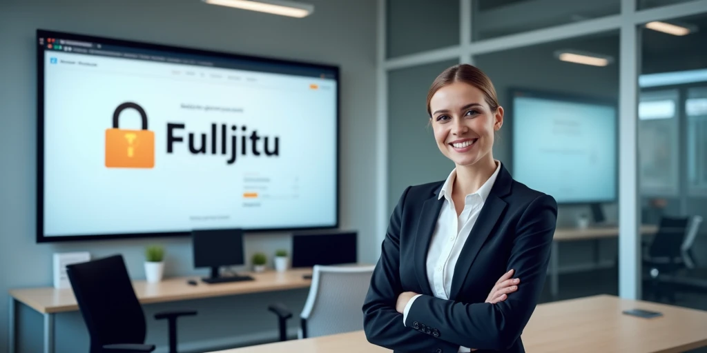 an office admin is promoting the office site, the site name FULLJITU, and introducing a trusted official site that is safe and anti-blocking, and shows that the office has an official license.