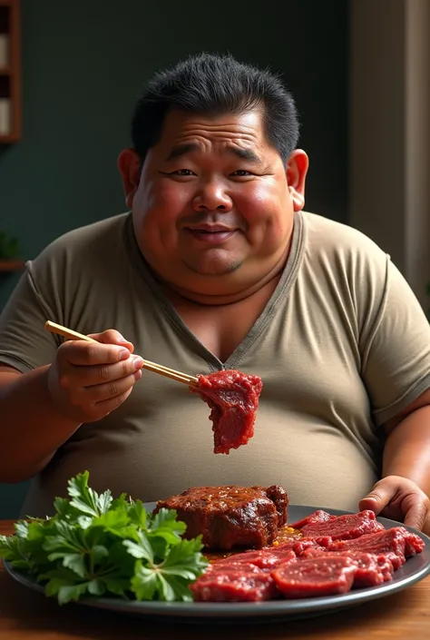 A fat Laotian man is eating choi ju and beef lamb with fresh blood.
