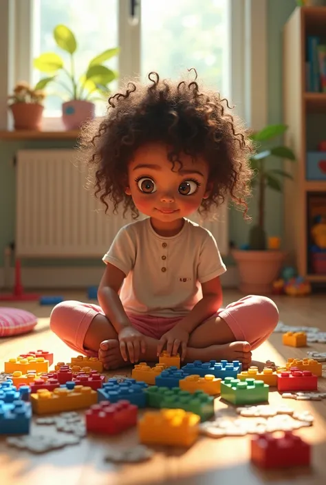 Girl sitting on the floor playing with Legos