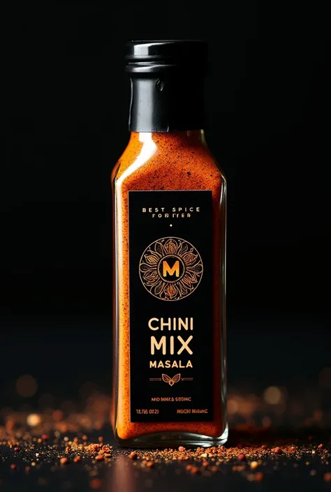 Give me spice bottle label brand name chini mix misala logo of a spices and tagline best spice forever on a square mockup and pic background are black only