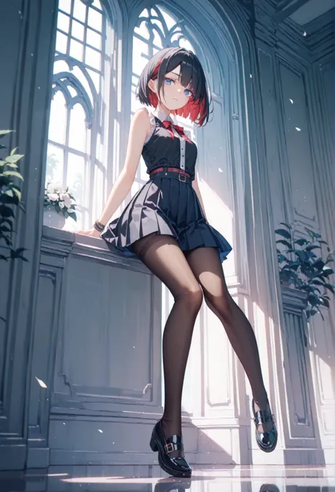 1girl,black hair,multicolored hair, red hair,bob cut,blue eyes,black tops,sleeveless,pleated skirt,mini skirt,pantyhose,black shoes,Terraced white limestone,Intricate and detailed landscapes
