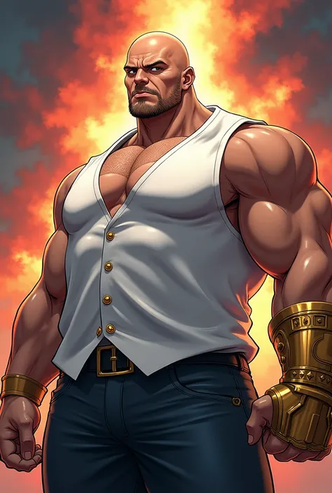 A fat man anime who looks like KINGPIN, 20 YEARS OLD, wearing a white vest, bald head, wearing an infinity gauntlet on the left