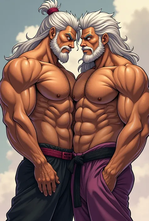 I want you to create an nsfw image of 2 bara men having relationships with the art style of porn comic artist Jiraiya that both men are muscular and with big dicks