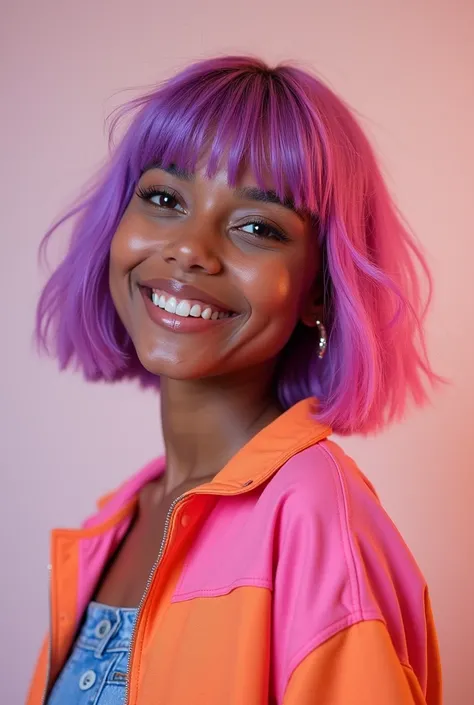 A girl with pink and purple hair without bangs with dark skin aged 17 and wearing aesthetic-style clothes but not with such dark but fun colors and that she is smiling and that it is an avatar for my profile picture please thank you 