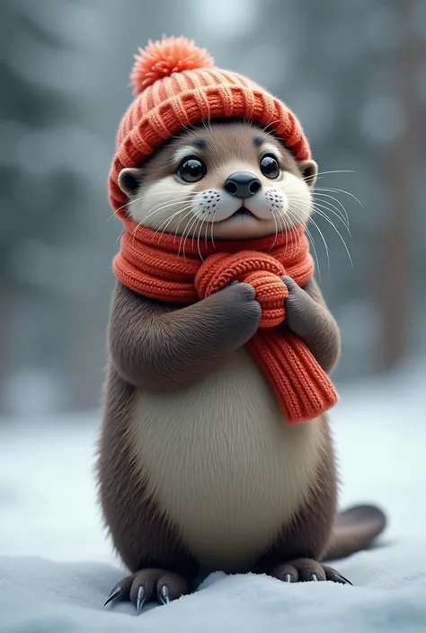 cute sea otter winter clothes　 is super realistic and cinematic, ( full body), Little character standing up to her toes  