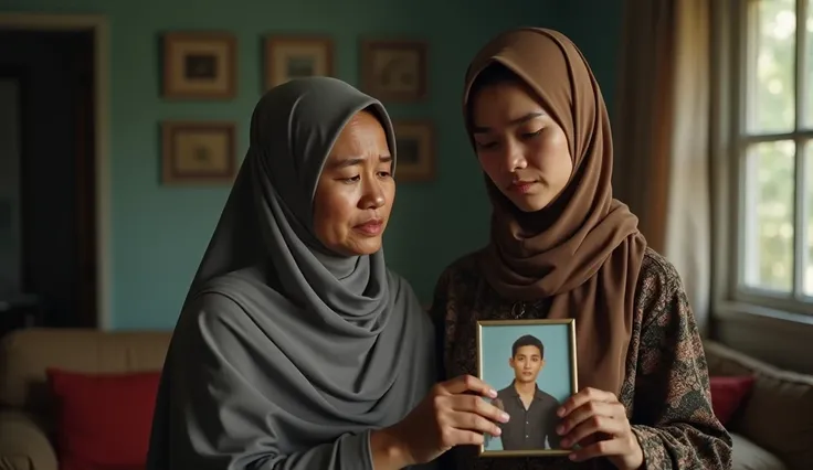 indonesian beautiful (( a beautiful woman in a hijab of 20 years old , standing in her living room , with her mother looking at a picture of herself with her father.  A tearful and regretful facial expression )),  Face of real Indonesians .  living room ba...