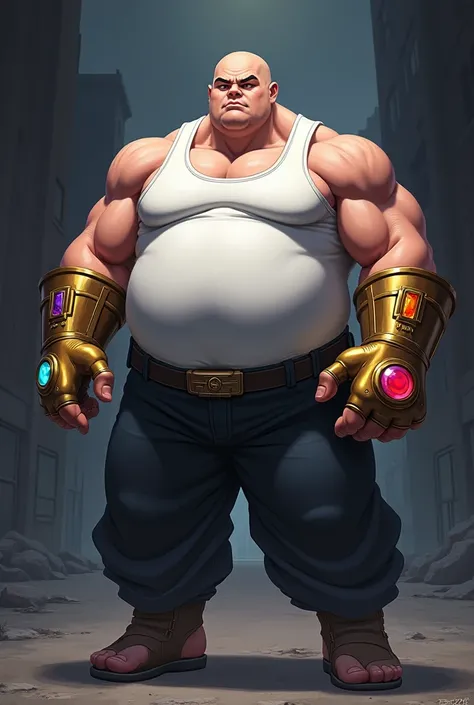 Anime fat villain who looks like KINGPIN, 20 YEARS OLD, wearing a white vest, bald head, wearing an infinity gauntlet on the left