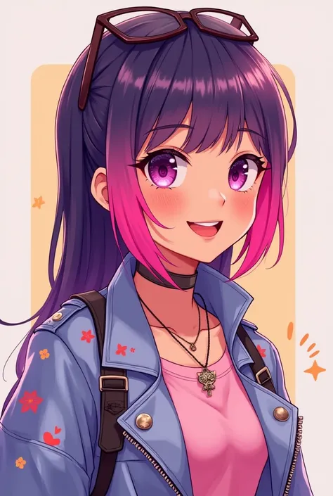 An anime girl with pink and purple hair without bangs with dark skin aged 17 and wearing aesthetic-style clothes but not with such dark but fun colors and that she is smiling and that it is an avatar for my profile picture please thank you 