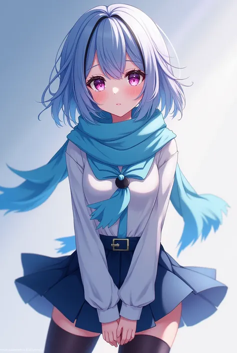 anime girl, short light blue hair with black locks, purple and pink eyes .   white skin , sky blue scarf, with a mini skirt and black tights 