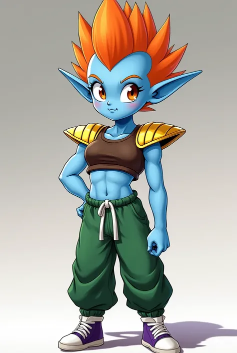 Girl,2D,Dragon Ball Z type character, with blue skin, orange hair, a mohawk haircut, green pants, she has Brown Crop top,with gold shoulder pads, long ears, no shirt, she has strong body, short stature, white and purple shoes.

