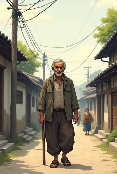 One village man sadly walking through the street cartoon