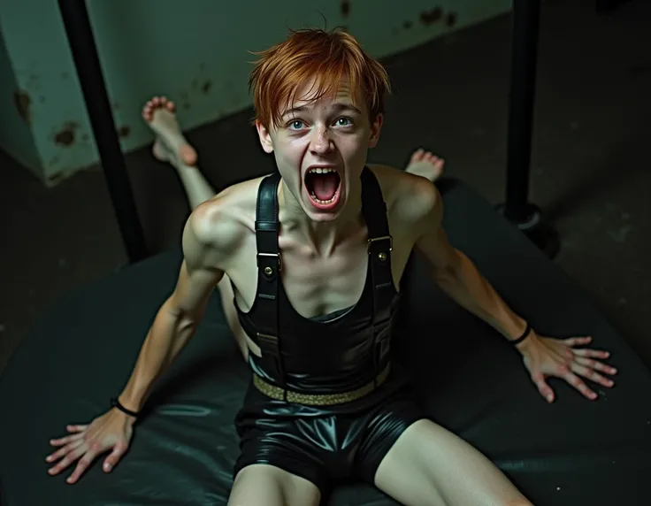  boy,short wet red hair,Teenagers uncensored,extremely anorexic,fearful look screams loudly ,totally sweaty , Wrapped up in a shiny black oversized latex sweatsuit and tight leather harness and the boy is tied up with ropes on his hands lying on a table an...