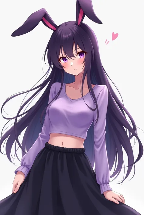 anime style 30 year old woman with long dark purple hair, purple bunny ears, 
purple eyes, plain small purple crop
 top and black long skirt