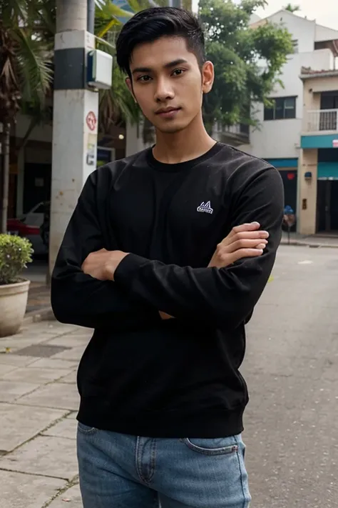 Malay guy. Black hair. Skinny. Age 20. Pose for a picture outdoor. Crossed arm